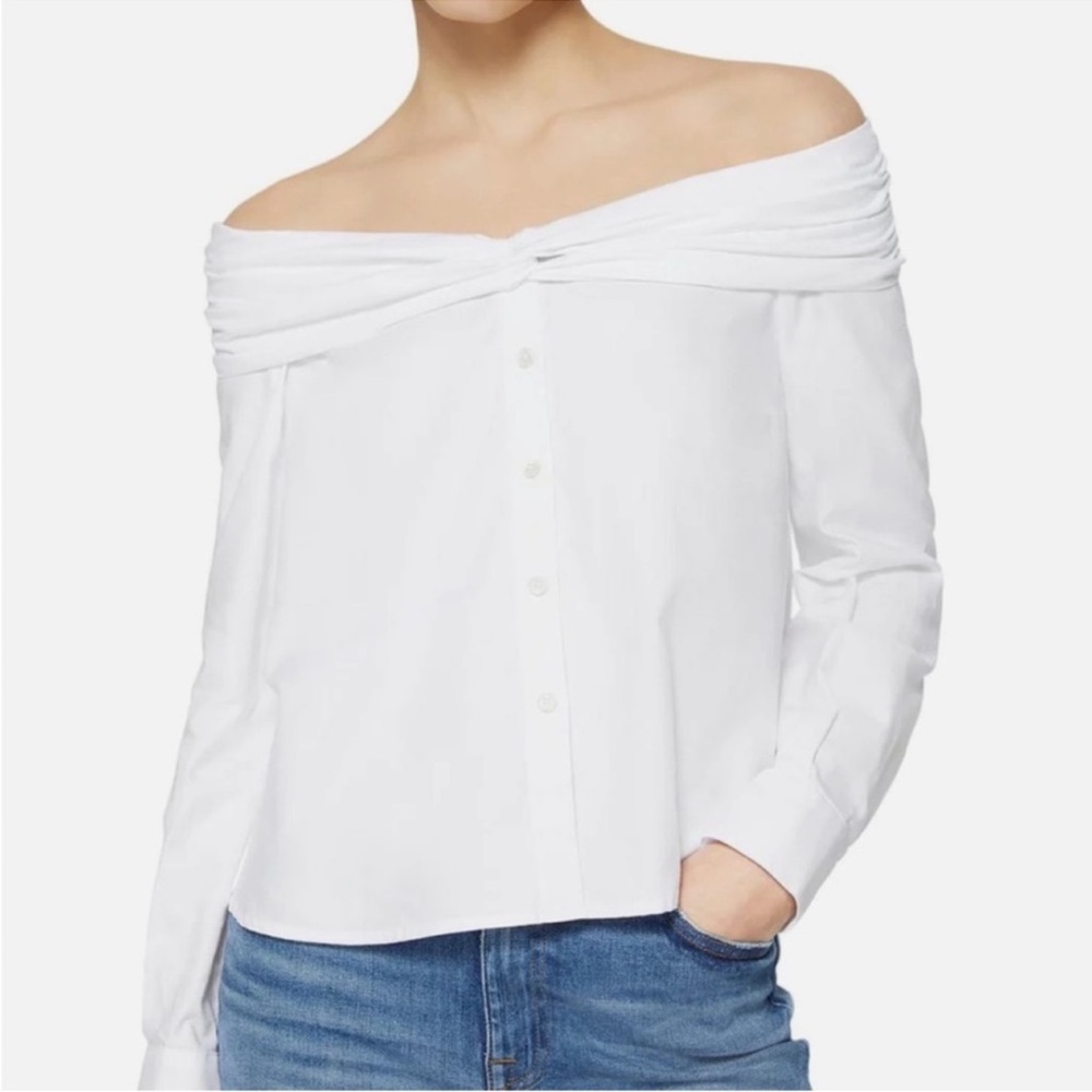 Jonathan Simkhai Maia Oxford Off-the-Shoulder Top- White, Size Medium